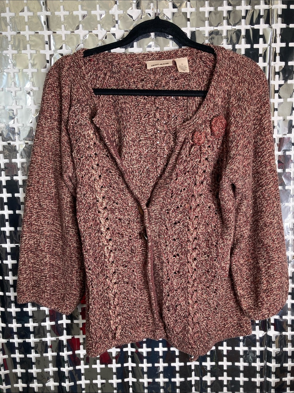 DKNY Marled Mauve Knit Cardigan with Floral Detail